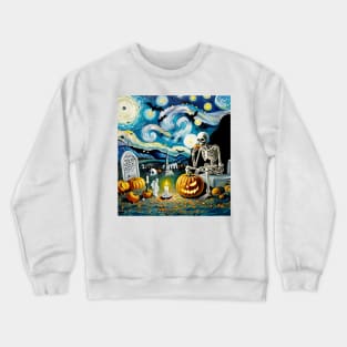 Night at the Cemetery with Skeleton and Pumpkin: Halloween in the style of Van Gogh Crewneck Sweatshirt